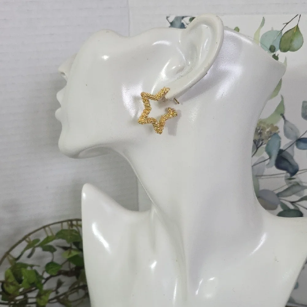 Gold Filled Textured Star Hoop Earrings - Picture 6 of 7